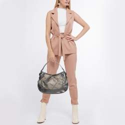 Pre Owned Burberry Metallic Grey Beat Check Canvas and Leather Hobo