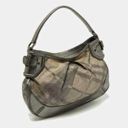 Pre Owned Burberry Metallic Grey Beat Check Canvas and Leather Hobo