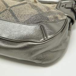Pre Owned Burberry Metallic Grey Beat Check Canvas and Leather Hobo