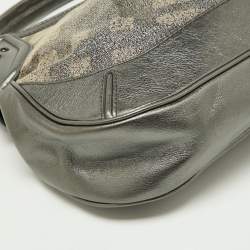 Pre Owned Burberry Metallic Grey Beat Check Canvas and Leather Hobo
