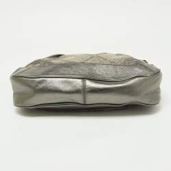 Pre Owned Burberry Metallic Grey Beat Check Canvas and Leather Hobo