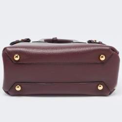 Pre Owned Burberry Burgundy/Beige Leather and House Check Fabric Small Banner Tote