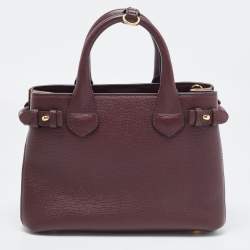 Pre Owned Burberry Burgundy/Beige Leather and House Check Fabric Small Banner Tote