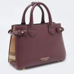 Pre Owned Burberry Burgundy/Beige Leather and House Check Fabric Small Banner Tote