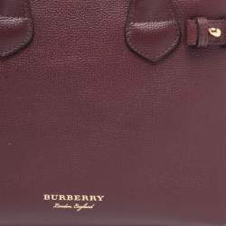 Pre Owned Burberry Burgundy/Beige Leather and House Check Fabric Small Banner Tote