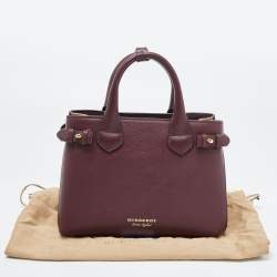 Pre Owned Burberry Burgundy/Beige Leather and House Check Fabric Small Banner Tote