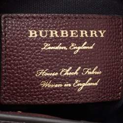 Pre Owned Burberry Burgundy/Beige Leather and House Check Fabric Small Banner Tote
