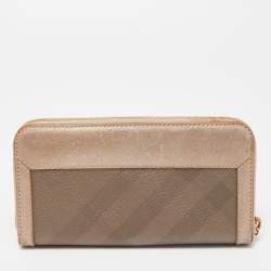 Pre Owned Burberry Metallic Beige Nova Check Coated Canvas Zip Around Wallet