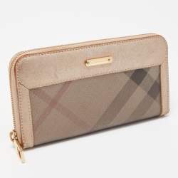 Pre Owned Burberry Metallic Beige Nova Check Coated Canvas Zip Around Wallet