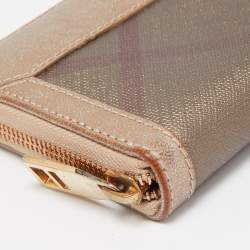 Pre Owned Burberry Metallic Beige Nova Check Coated Canvas Zip Around Wallet