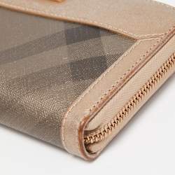 Pre Owned Burberry Metallic Beige Nova Check Coated Canvas Zip Around Wallet