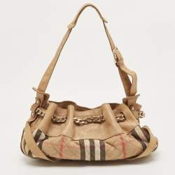 Pre Owned Burberry Beige House Check Fabric and Leather Shoulder Bag