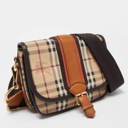 Burberry Beige/Brown Haymarket Check Coated Canvas and Leather Buckle Flap Crossbody Bag