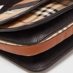 Burberry Beige/Brown Haymarket Check Coated Canvas and Leather Buckle Flap Crossbody Bag