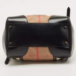 Pre Owned Burberry Black/Beige Leather and House Check Fabric Small Canterbury Tote