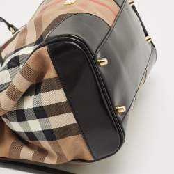 Pre Owned Burberry Black/Beige Leather and House Check Fabric Small Canterbury Tote