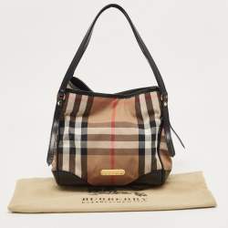 Pre Owned Burberry Black/Beige Leather and House Check Fabric Small Canterbury Tote