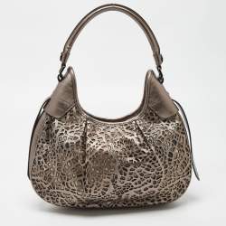Pre Owned Burberry Metallic/Beige Novacheck PVC and Leather Small Brooklyn Hobo