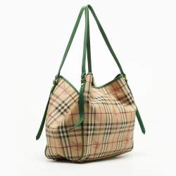 Pre Owned Burberry Beige/Green Haymarket Check PVC and Leather Large Canterbury Tote