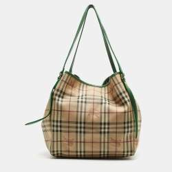 Pre Owned Burberry Beige/Green Haymarket Check PVC and Leather Large Canterbury Tote