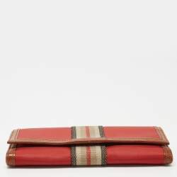 Pre Owned Burberry Red/Brown Nylon and Leather Stripe Flap Continental Wallet