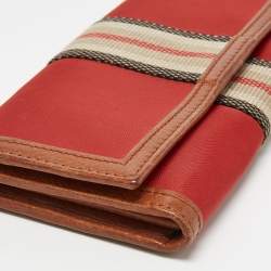 Pre Owned Burberry Red/Brown Nylon and Leather Stripe Flap Continental Wallet