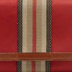 Pre Owned Burberry Red/Brown Nylon and Leather Stripe Flap Continental Wallet