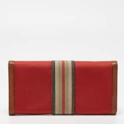 Pre Owned Burberry Red/Brown Nylon and Leather Stripe Flap Continental Wallet