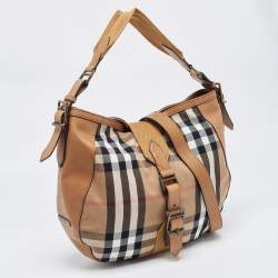 Pre Owned Burberry Tan/Beige House Check Canvas and Leather Hobo