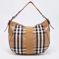 Pre Owned Burberry Tan/Beige House Check Canvas and Leather Hobo