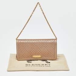 Pre Owned Burberry Gold Woven Leather Flap Chain Shoulder Bag