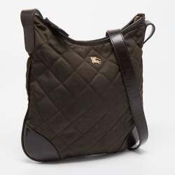 Pre Owned Burberry Dark Brown/Military Green Quilted Nylon and Leather Crossbody Bag