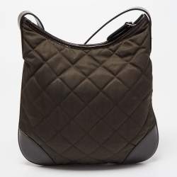 Pre Owned Burberry Dark Brown/Military Green Quilted Nylon and Leather Crossbody Bag