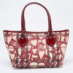 مملوكة مسبقًا حقيبة يد توتس بربري غراسي جلد لامعة وكانفاس مقوى كاروهات هارت نوفا عنابية