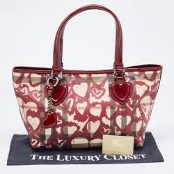 مملوكة مسبقًا حقيبة يد توتس بربري غراسي جلد لامعة وكانفاس مقوى كاروهات هارت نوفا عنابية