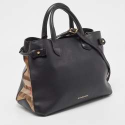 Pre Owned Burberry Black Leather and House Check Fabric Medium Banner Tote