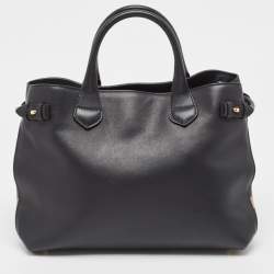 Pre Owned Burberry Black Leather and House Check Fabric Medium Banner Tote