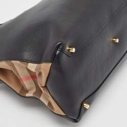 Pre Owned Burberry Black Leather and House Check Fabric Medium Banner Tote