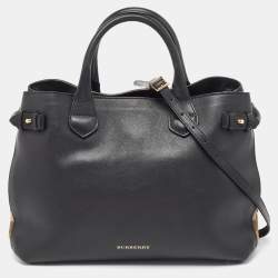 Pre Owned Burberry Black Leather and House Check Fabric Medium Banner Tote
