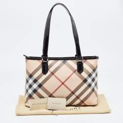Pre Owned Burberry Black/Beige Super Nova Check PVC and Patent Leather Nickie Tote