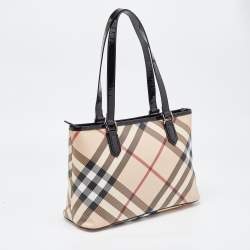 Pre Owned Burberry Black/Beige Super Nova Check PVC and Patent Leather Nickie Tote