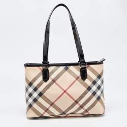 Pre Owned Burberry Black/Beige Super Nova Check PVC and Patent Leather Nickie Tote