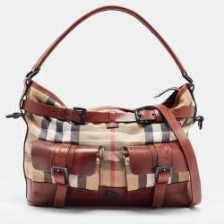Pre Owned Burberry Brown/Beige House Check Canvas and Leather Front Pocket Buckle Hobo 