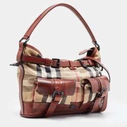 Pre Owned Burberry Brown/Beige House Check Canvas and Leather Front Pocket Buckle Hobo 