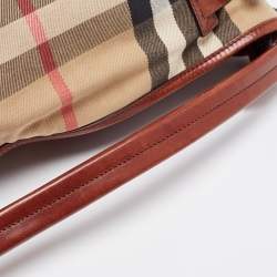 Pre Owned Burberry Brown/Beige House Check Canvas and Leather Front Pocket Buckle Hobo 