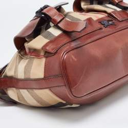 Pre Owned Burberry Brown/Beige House Check Canvas and Leather Front Pocket Buckle Hobo 