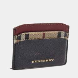 Pre Owned Burberry Burgundy/Black Leather and Check Canvas Izzy Card Holder