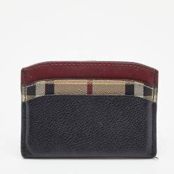 Pre Owned Burberry Burgundy/Black Leather and Check Canvas Izzy Card Holder