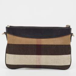 Pre Owned Burberry Black/Beige House Check Canvas and Leather Peyton Crossbody Bag