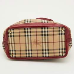 Pre Owned Burberry Red./Beige Haymarket Check Canvas and Leather Medium Golderton Tote